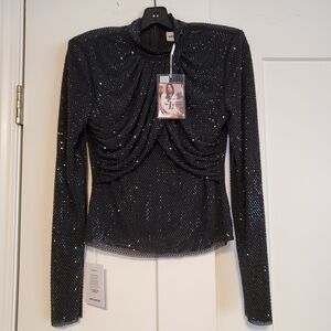 Self-Portrait Black Rhinestone Mesh Top, US Size 8, Brand New With Tags